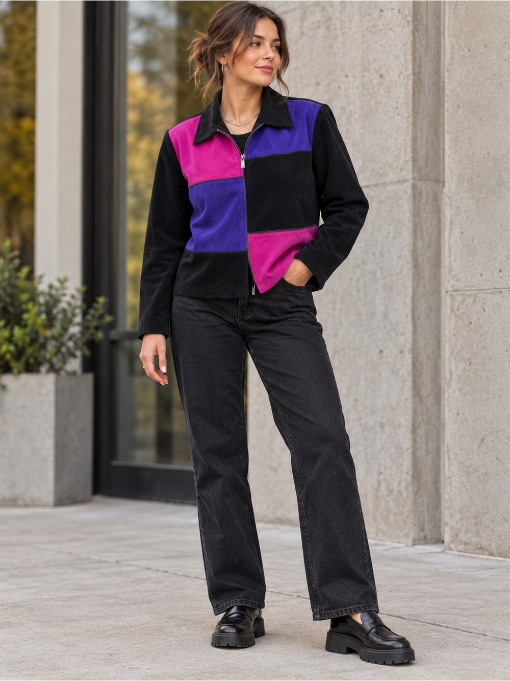 Vintage 90s Briggs Petite 12P Colorblock Faux Suede Jacket Holiday Party Date